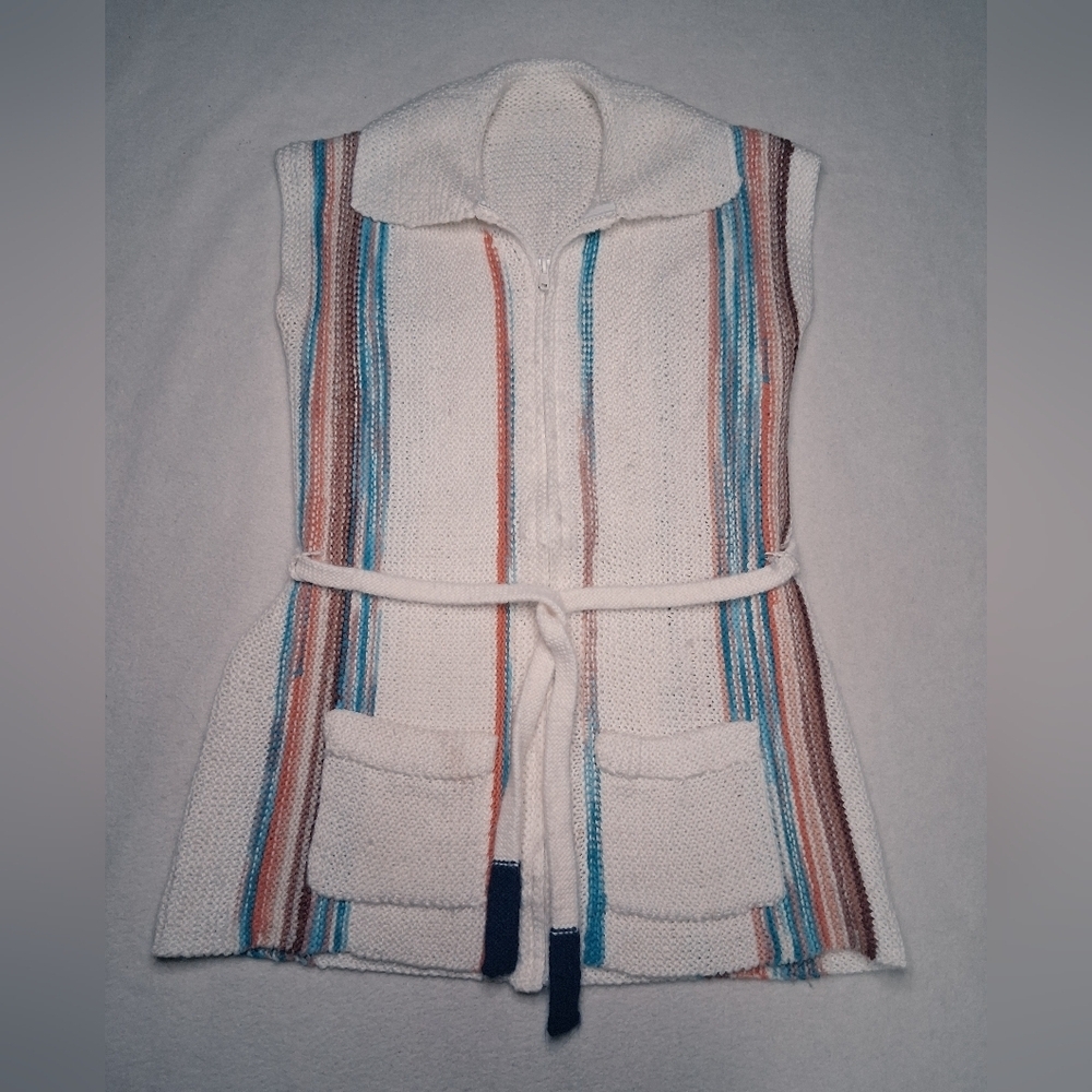 Vintage Striped Sleeveless Knit Vest with Belt Zip Up